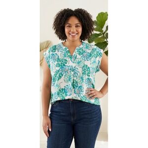 Kim Rogers Curvy 3X Tropical Monstera Leaf Print V-Neck‎ Cap Sleeve Blouse Teal